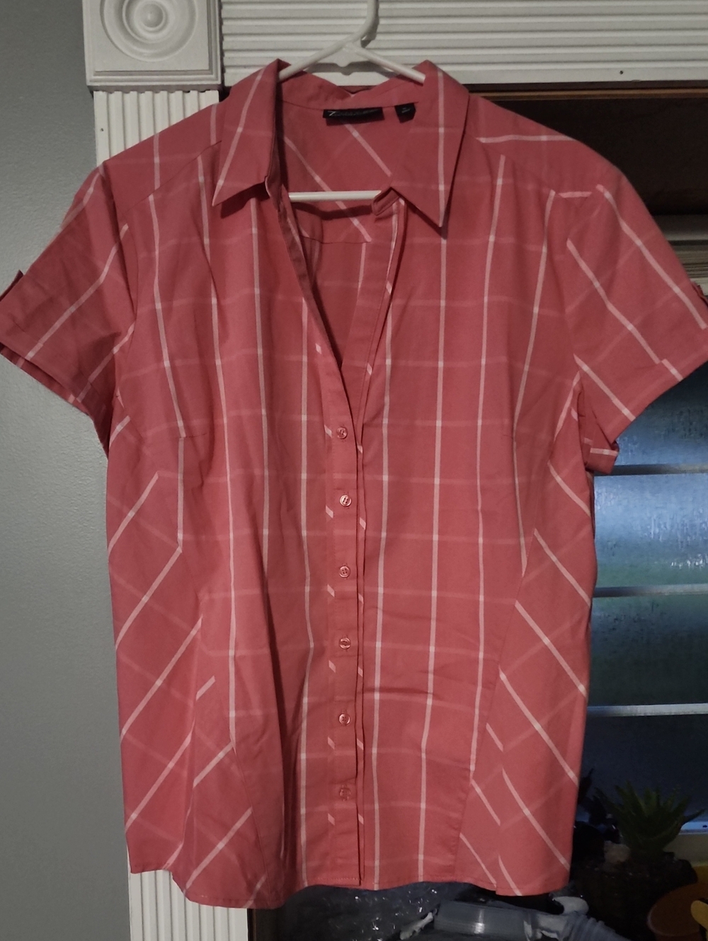 New York & Company Rose-Pink Plaid Short-Sleeve Button-Down Shirt
